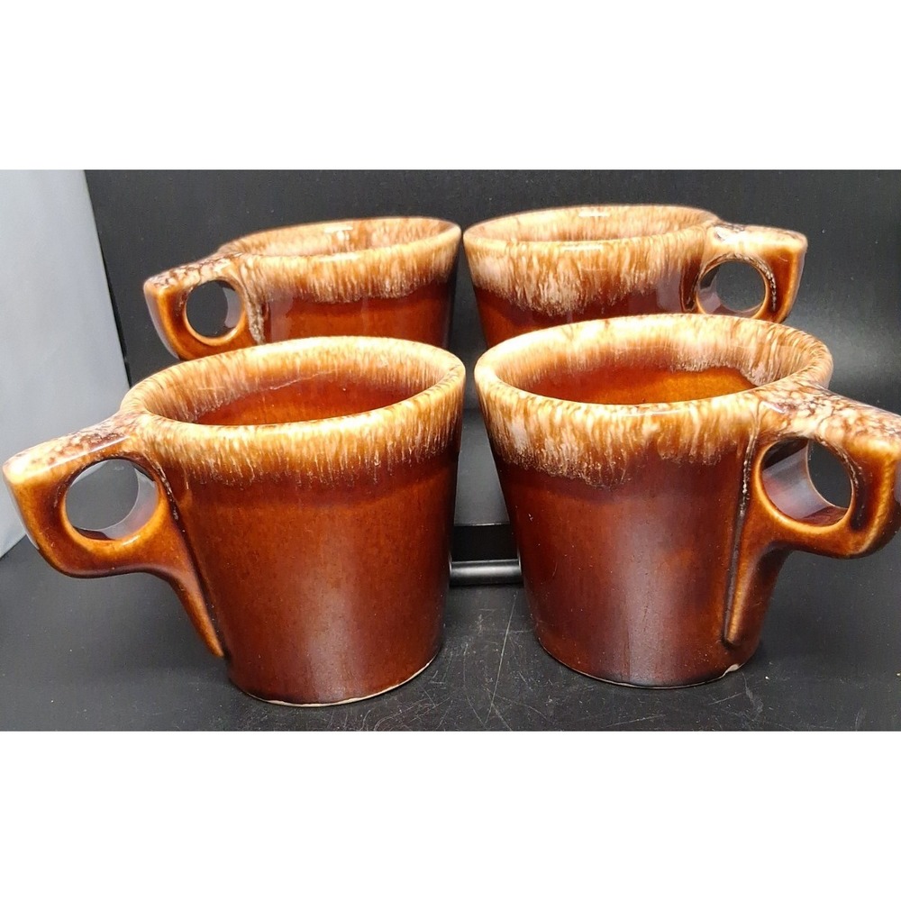 Hull USA Set Of 4ā Ovenproof Ceramic Drip Glaze Brown Coffee Mugs Vintage